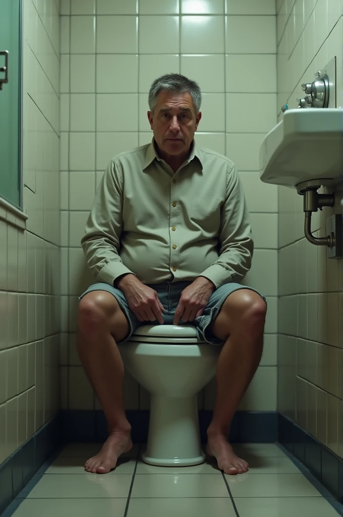 man sitting on toilet with pants down pooping in public bathroom
