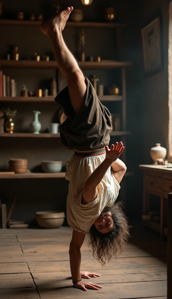 A high-resolution live-action image of Leonardo da Vinci standing on his hands with his legs straight and his stomach facing forward