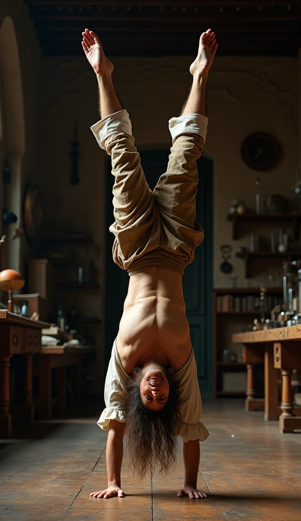 A high-resolution live-action image of Leonardo da Vinci standing on his hands with his legs straight and his stomach facing forward