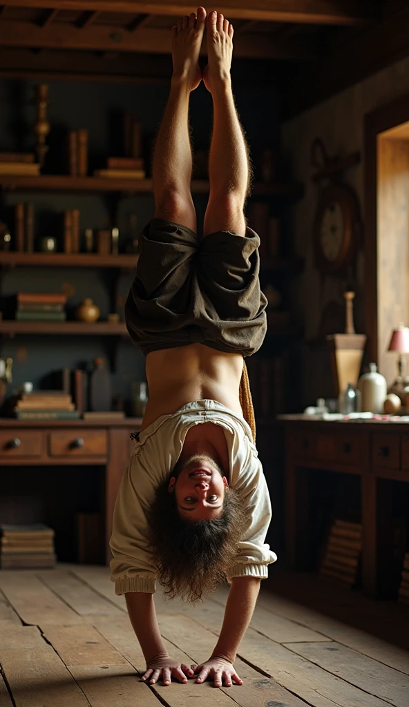 A high-resolution live-action image of Leonardo da Vinci standing on his hands with his legs straight and his stomach facing forward