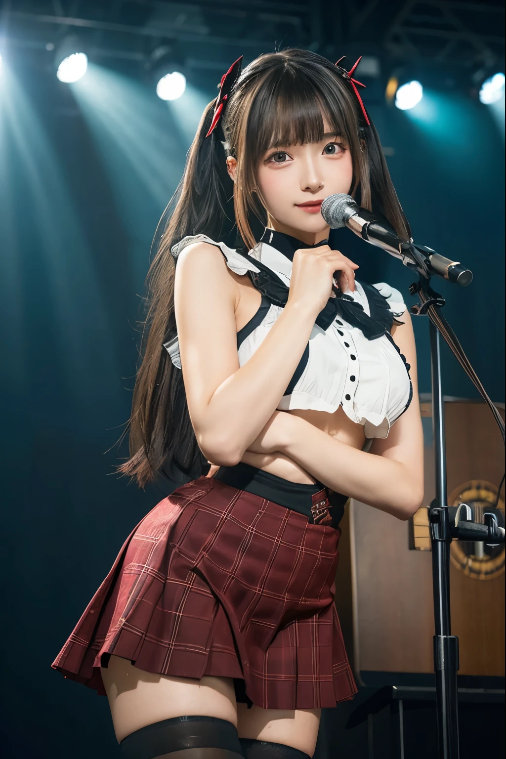 High school girl blazer、uniform、Red checked knee-length skirt、Long skirt、JK Style、Jacket、smile、Knee-high socks、Thigh-high socks、pantyhose、Extremely beautiful、Super cute、ennui、Rare Beauty、Dark black eyeshadow、sad、Skin radiance、Long Hair Straight Hair、Dark Gothic Makeup、Dark Smile、Fragrant beauty、Stained glass background、masterpiece、Highest quality、See 5 books、Sweat glistening on my chest、Sweat glistening on the face、Small breasts、2、Slightly slim、Mysterious look、Sad look、Mysterious Gothic Church、enchanting castle、Excessive sweating all over the body、Thighsに大量の汗と光、光沢のあるThighs、Thighs、Thighsに大量の汗が光る、sweat profusely、Gal、Small breasts、Japanese face、Captivating look、細いThighs、play the guitar、I have a guitar、Enthusiastic singing、バンドでplay the guitar、Playing guitar chords、Background of the live music venue、Sing a song、Open your mouth、Scenery of a live music venue、Mike stand、Glamorous live stage、Dynamic Angles、Vivid straight long hair、delicate straight hair、