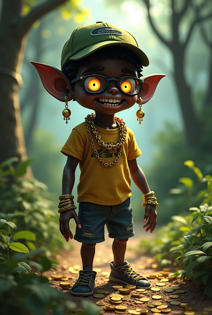 Saci-perere from Brazilian folklore, terrifying with gold chains, money and Juliet glasses, Lacoste t-shirt and Oakley cap