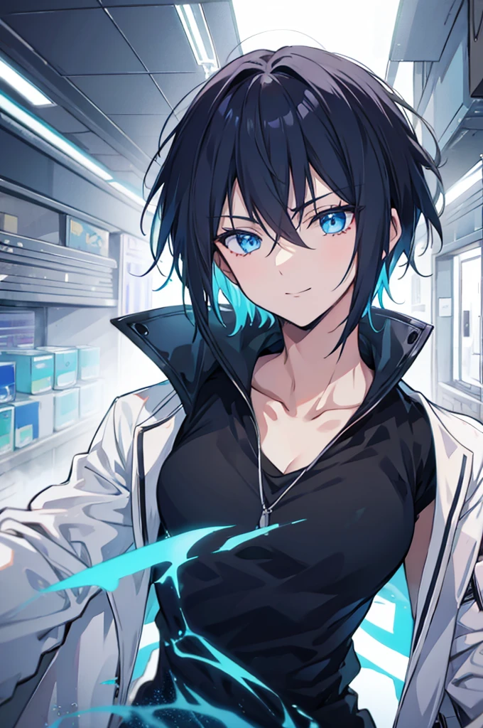 Face_through_torso, 1man, Short_hair(black_hair), blue_eyes, Smiling expression, Black shirt, Cyberpunk-style white trench coat, blue neon lines, Put your left hand in your trench coat pocket, Holding a transparent beverage can with a blue drink with your right hand