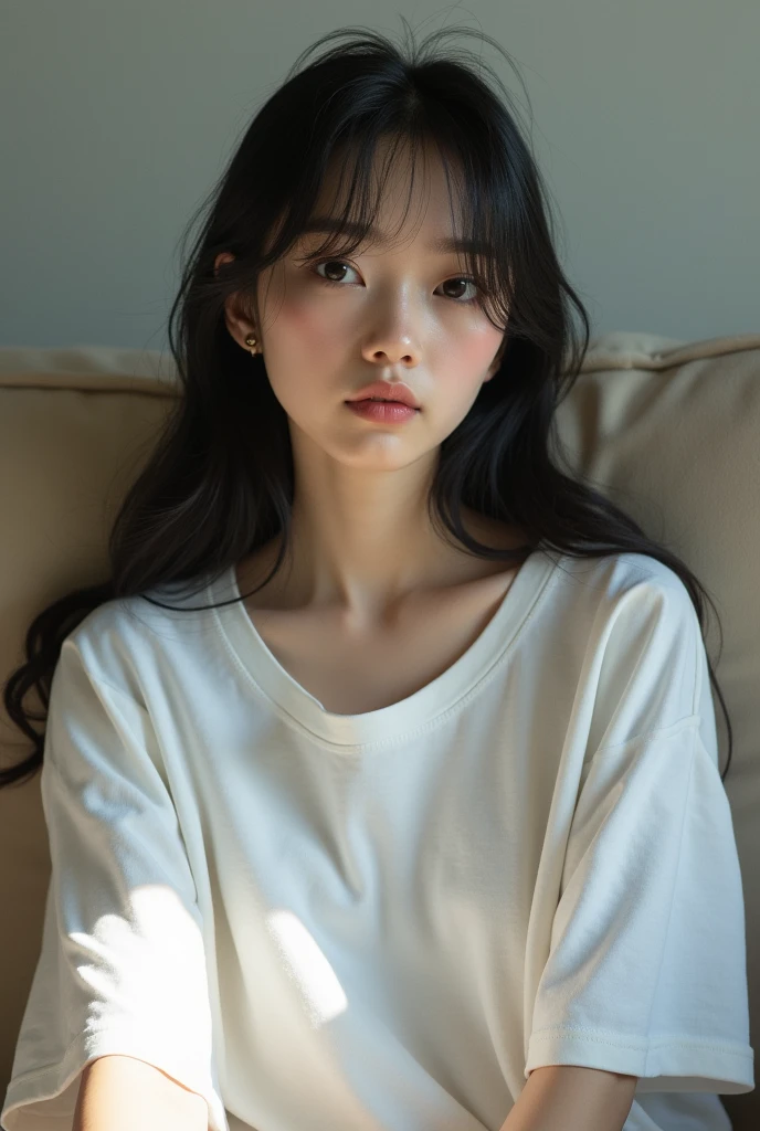 A fair-skinned young Japanese woman sitting on a sofa。He's wearing a very large, oversized white T-shirt.。Selfie style。