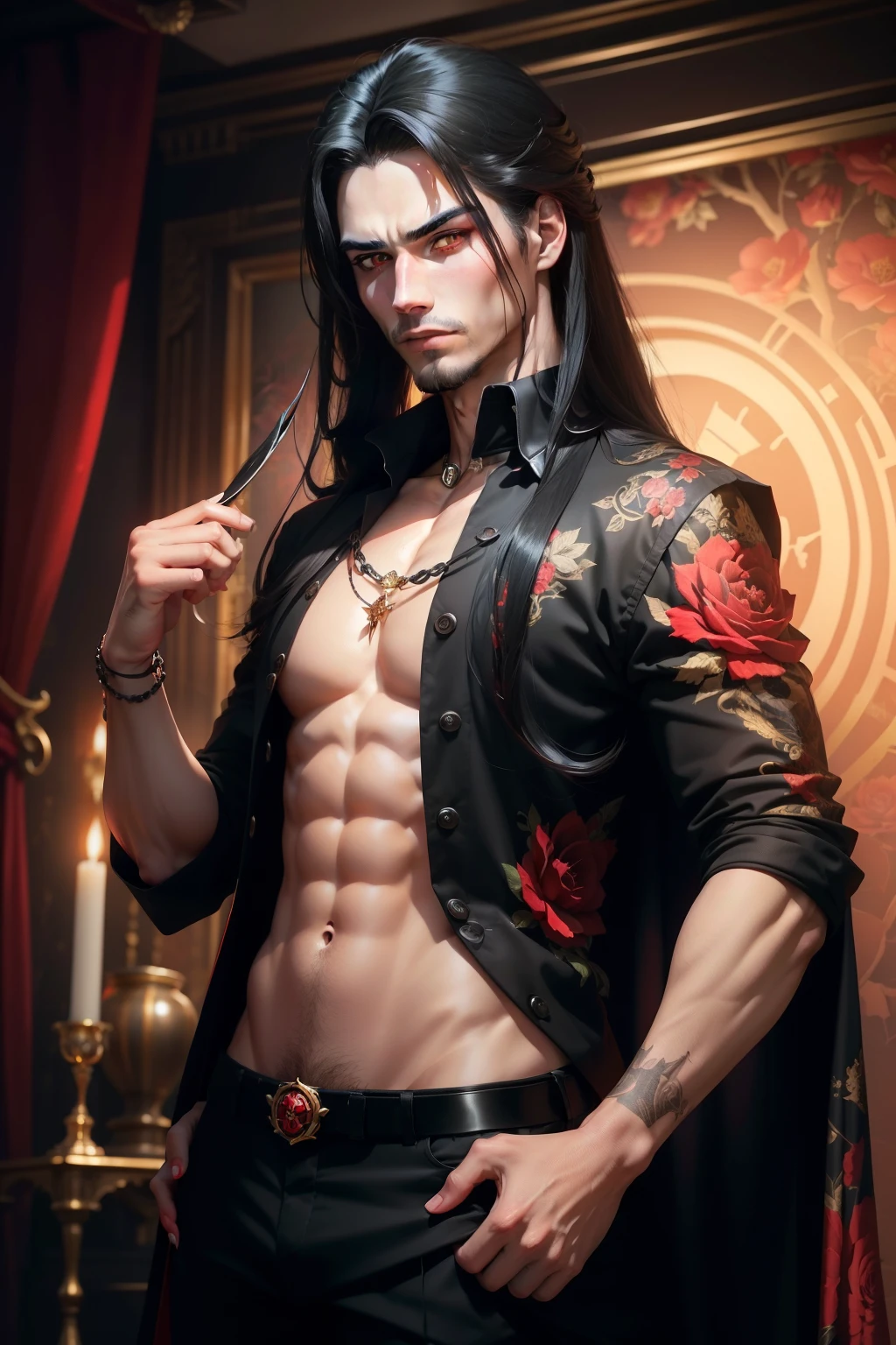 (8k,shipmentsrrealista　shipments　Maximum quality;1.4) (1  boy) Super handsome king of the underworld　(lifelike face) 　(long black hair with red tips, bright black and red floral hair)　slenderbody　Muscular and hairy and macho　Bright red and black floral aristocratic costume with large red eyes　bright red and black floral decoration　Fangs peeking out of the mouth　Pointed claws　a seductive gaze　Beautiful expression　A hyper-realistic　(King of the Underworld)　appealing　(real looking skin)　super high resolution　high détail　Luxury Red and Black Floral Trousers　red and black aura emanating from the body　effect　 without cover