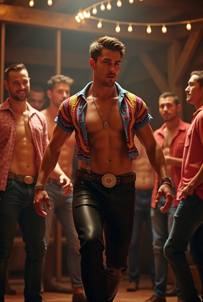 A cute handsome gay man dancing at a cowboy party while other men look at him shirtless, handsome white skin, some cowboys wear arrayas shirts and black leather pants