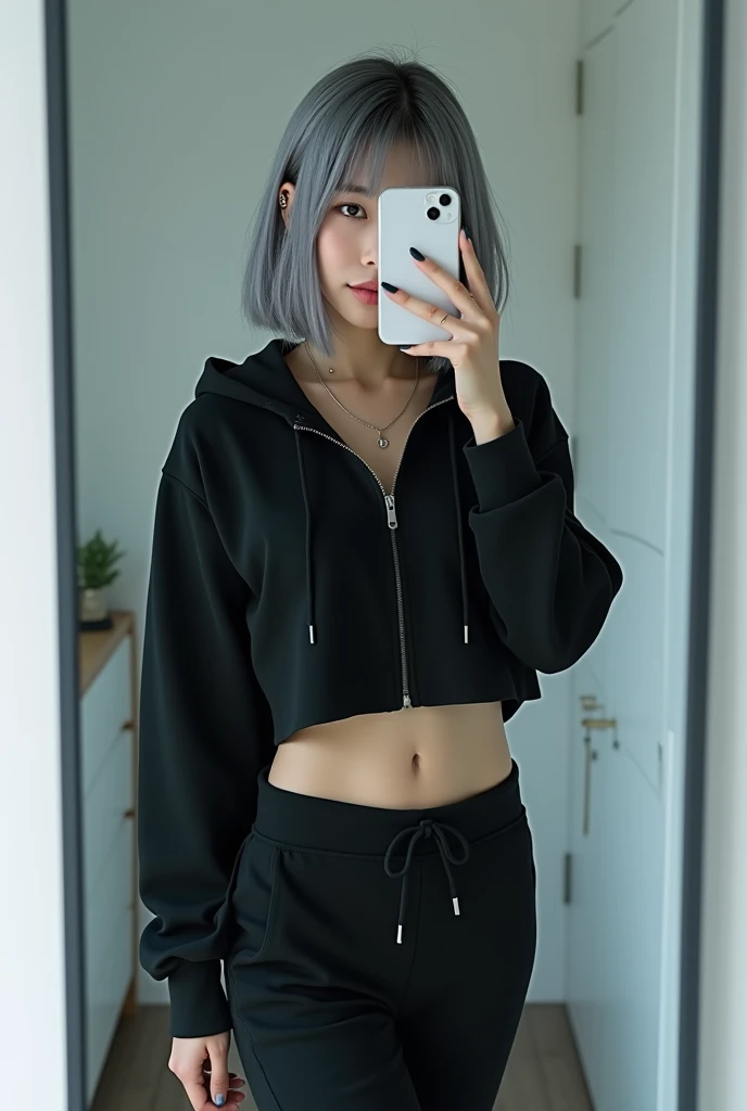 highly detailed, beautiful, hyper Realistic girl, masterpiece, best quality, Depict a mysterious and sophisticated beautiful Japanese gravure model,, 28-years-old, identity hidden, all body shot, / gray arranged hair, small head, Detailed face, cute and Pretty slim face, wide Duck mouth, perfect beautiful Tooth, arranged gray hair, shiny eyes, blue-colored eyes, Realistic skin, Detailed face, / A chic and minimalist cyberpunk jogger ensemble:

Top: A black cropped hoodie made from soft, high-quality sweat material, cinched at the waist to reveal the navel. The hoodie is unembellished, with a high collar and zippered front, offering a clean and modern aesthetic.

Bottom: A knee-length, fitted skirt in matching black sweat material, designed for a sleek and simple silhouette.

Footwear: Sleek black ankle boots with subtle synthetic overlays and neon blue soles, blending comfort with a touch of futurism.

Accessories: A thin, simple silver necklace at the neck, complemented by delicate silver bracelets on the wrists and small silver stud earrings, all understated and refined to maintain the minimalist vibe. //// simple white single room, gray frame mirror, complicated background /// takes a selfie in her room using a smartphone in front of a mirror with one hand, standing and sexy Posing, all body below shot, looking away from the camera,