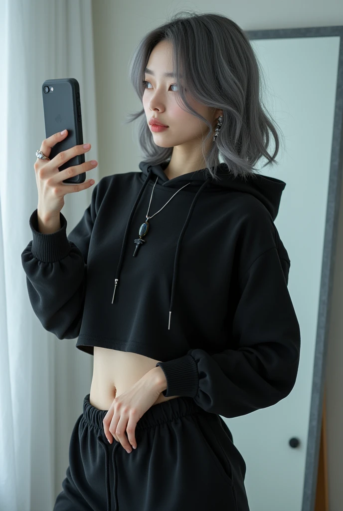 highly detailed, beautiful, hyper Realistic girl, masterpiece, best quality, Depict a mysterious and sophisticated beautiful Japanese gravure model,, 28-years-old, identity hidden, all body shot, / gray arranged hair, small head, Detailed face, cute and Pretty slim face, wide Duck mouth, perfect beautiful Tooth, arranged gray hair, shiny eyes, blue-colored eyes, Realistic skin, Detailed face, / A chic and minimalist cyberpunk jogger ensemble:
Top: A black cropped hoodie made from soft, high-quality sweat material, cinched at the waist to reveal the navel. The hoodie is unembellished, with a high collar and zippered front, offering a clean and modern aesthetic.
Bottom: A knee-length, fitted skirt in matching black sweat material, designed for a sleek and simple silhouette.
Footwear: Sleek black ankle boots with subtle synthetic overlays and neon blue soles, blending comfort with a touch of futurism.
Accessories: A thin, simple silver necklace at the neck, complemented by delicate silver bracelets on the wrists and small silver stud earrings, all understated and refined to maintain the minimalist vibe. //// simple white single room, gray frame mirror, complicated background /// takes a selfie in her room using a smartphone in front of a mirror with one hand, standing and sexy Posing, all body below shot, looking away from the camera,
