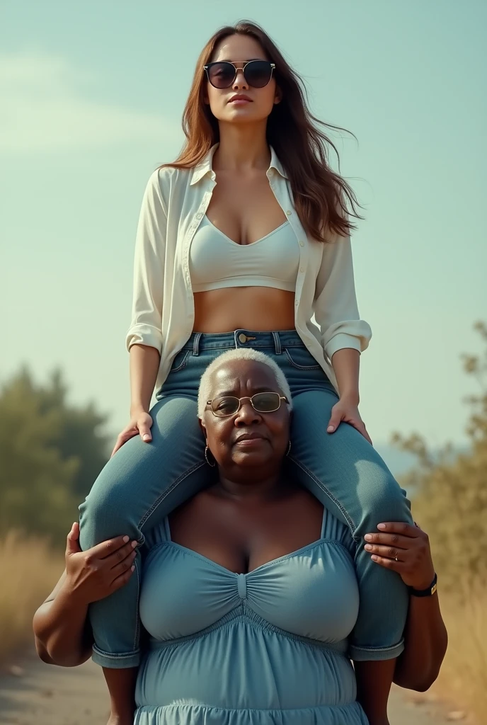 Create a photo of a 30 year old young woman, with a slender and beautiful body, no bra with bare breasts wearing jeans, with white and clear skin, with long light brown hair, wearing hoop earrings and has her back to the camera as she is lifted high in the air by her butt by an obese black 90 year old elderly lady, dark black skinned, who has short hair, who wears glasses and a blue dress