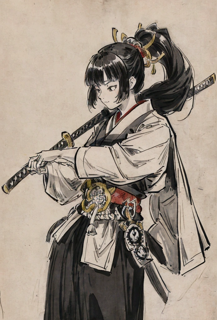 Character Design Character Reference Sheet Concept Character black and white manga style Taisho Romance action Japanese sword man Women samurai delicate