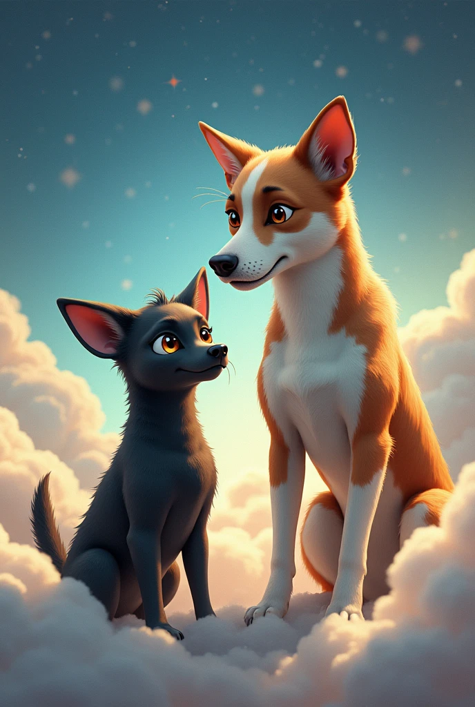 A little black dog with brown, crooked eyes and a very big wolf breed dog with black and white spots and brown eyes in the sky 