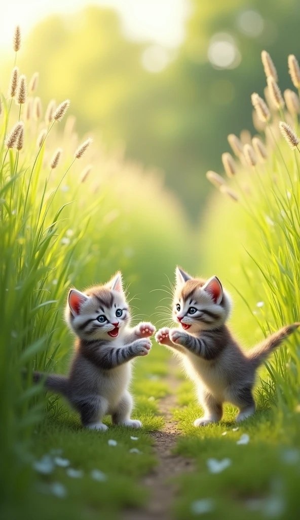 Two small kittens in the background with grass.