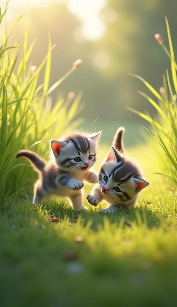 Two small kittens in the background with grass.