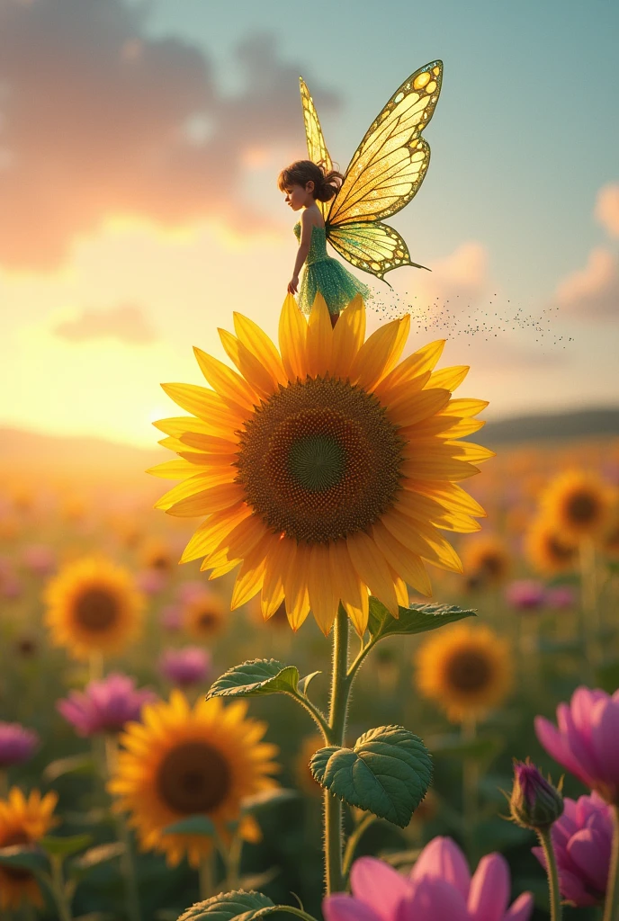 A breathtakingly gorgeous little fairy, her delicate wings fluttering gently as she hovers gracefully atop a majestic, fully bloomed sunflower. The fairy, no larger than a hummingbird, is adorned in a dress made of the finest spider silk, which shimmers in a kaleidoscope of colors, reflecting the vibrant hues of the surrounding garden. Her intricate wings are a mesmerizing pattern of emerald greens and iridescent blues, with a dusting of glitter that trails behind her like a miniature aurora. The sunflower beneath her is a towering giant in the fairy world, its golden petals unfurling into a soft embrace around her dainty figure. A symphony of other flowers in various stages of bloom form a lush carpet below, creating a vivid tapestry of pinks, purples, and oranges that stretches to the horizon. The fairy's youthful face is filled with wonder and joy, her eyes sparkling with the magic of a thousand dewdrops as she gazes out at the serene landscape. The scene is bathed in the warm, soft light of early morning, casting a gentle glow that makes every color pop and every detail sharper. The background is a canvas of the early dawn sky, with streaks of pink and orange blending into the baby blue. The overall effect is one of pure, unbridled beauty and a sense of tranquility that captures the very essence of nature's enchantment.