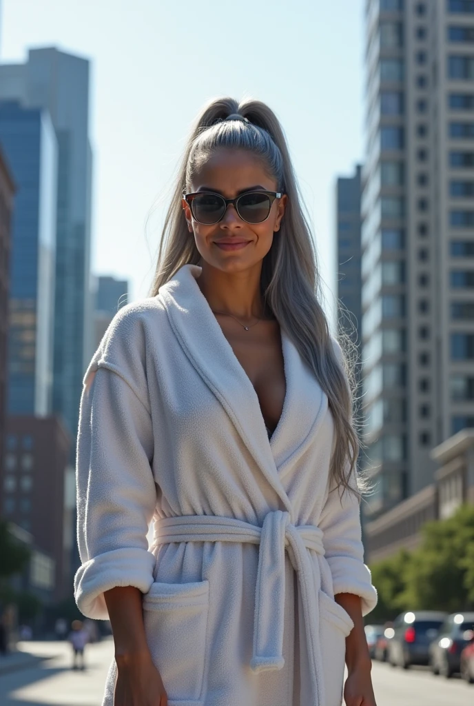 A beautiful youthful looking real life photo of a Hispanic version of Ariana Grande as a 50 years old woman with long her completely gray hair in a ponytail styles as the superhero Daisy Johnson from Agents of S.H.I.E.L.D with blue eyes wearing sunglass wearing a bathrobe in a city downtown with many skyscraper nearby she is smiling for the camera