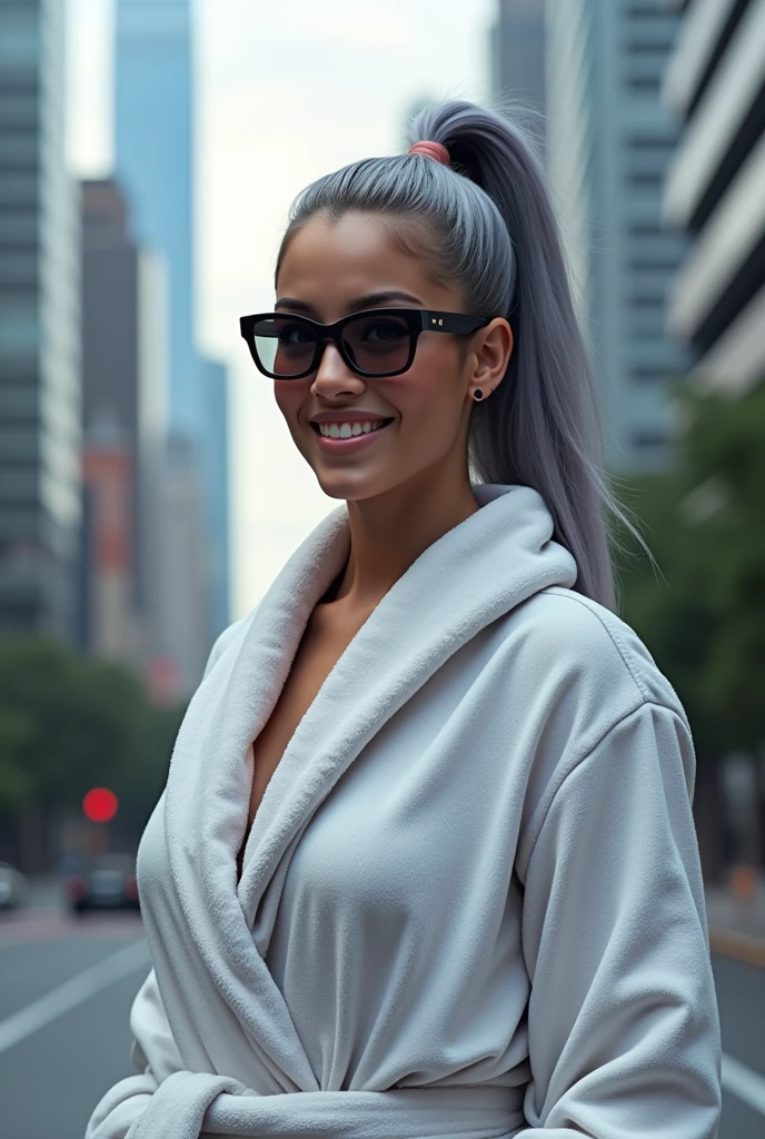 A beautiful youthful looking real life photo of a Hispanic version of Ariana Grande as a 50 years old woman with long her completely gray hair in a ponytail styles as the superhero Daisy Johnson from Agents of S.H.I.E.L.D with blue eyes wearing sunglass wearing a bathrobe in a city downtown with many skyscraper nearby she is smiling for the camera