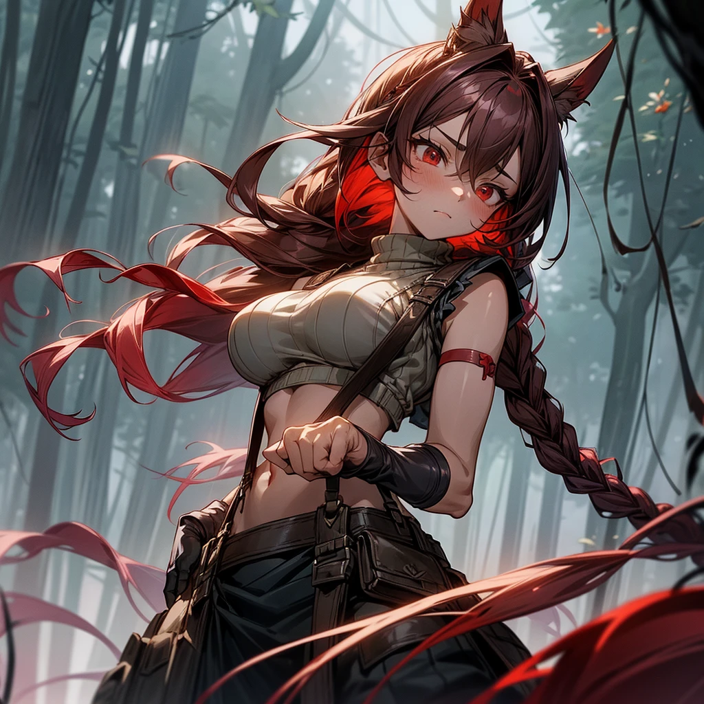 1female, ????, big ??????, young adult, finely detailed red eyes, wild long hair, braided hair, dark brown color hair, adventurer gear, suspenders, sleeveless crop top sweater, baggy combat skirt, night time, dark forest, somber expression, flowers, blushing, standing on path, lanturns, black armband, mma gloves