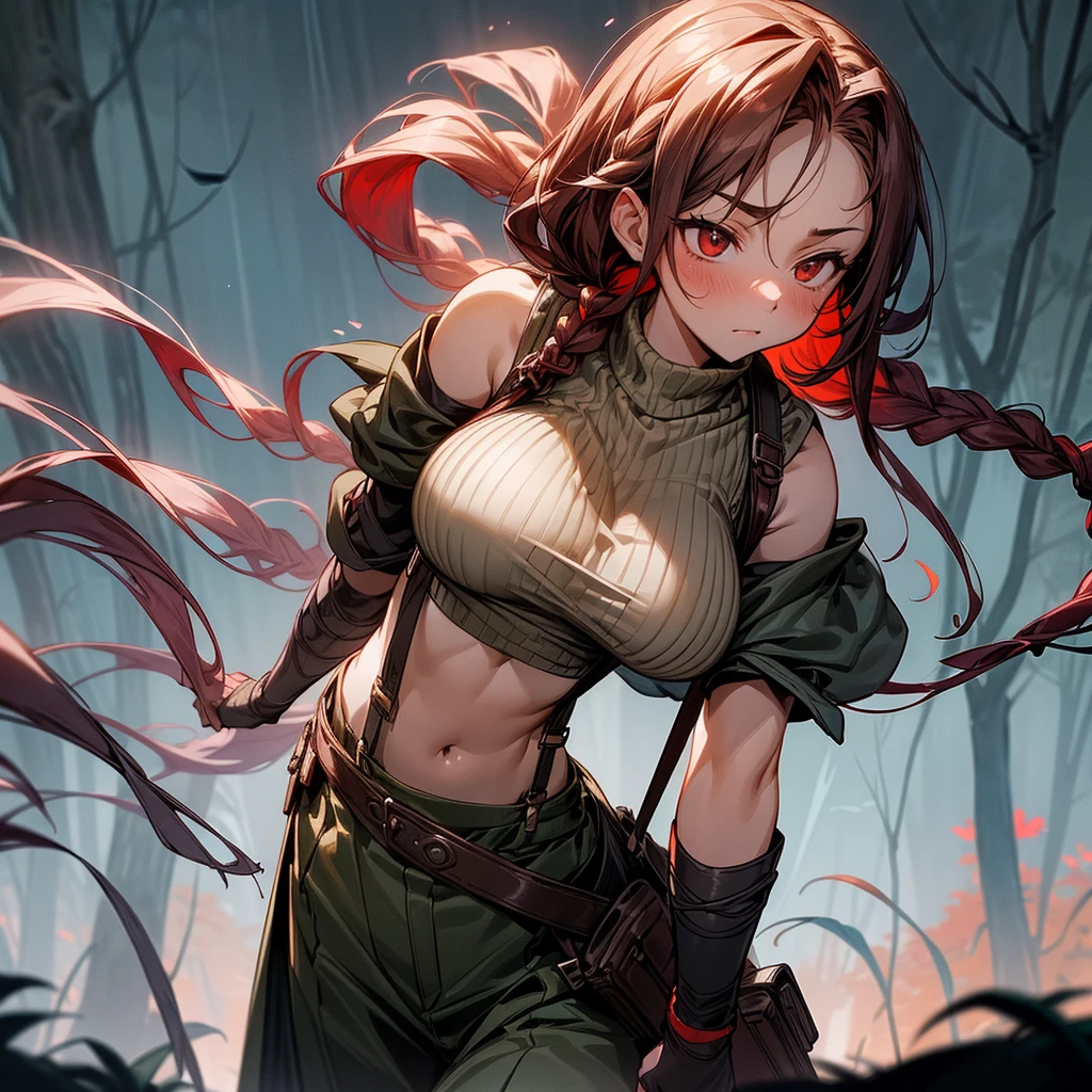 1female, sexy, big breast, young adult, finely detailed red eyes, wild long hair, braided hair, dark brown color hair, adventurer gear, suspenders, sleeveless crop top sweater, baggy combat skirt, night time, dark forest, somber expression, flowers, blushing, standing on path, lanturns, black armband, mma gloves