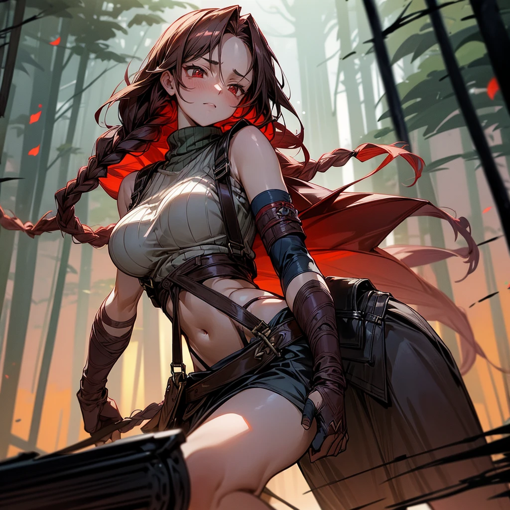 1female, sexy, big breast, young adult, finely detailed red eyes, wild long hair, braided hair, dark brown color hair, adventurer gear, suspenders, sleeveless crop top sweater, baggy combat skirt, night time, dark forest, somber expression, flowers, blushing, standing on path, lanturns, black armband, mma gloves