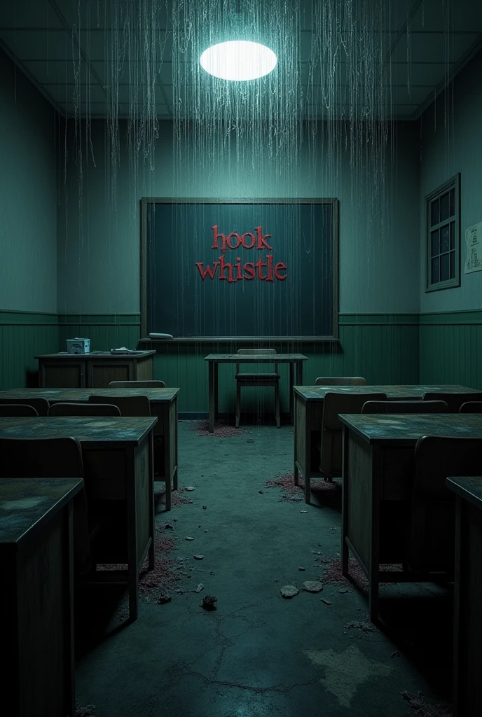 The old classroom is covered with cobwebs. At night, there are no people. The blackboard says "Hook Whistle" with blood.