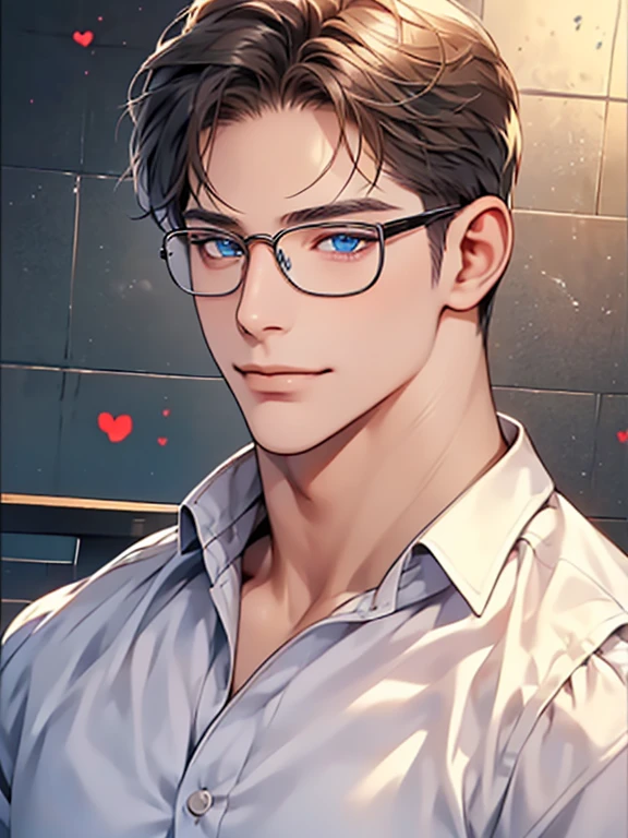 masterpiece, best quality, 1male, brunette hair, blue eyes, glasses, white shirt, mugshot, wall background, detailed eyes, expression smile in lovess, CEO, Officehome background, detailed facial features, realistic and high resolution (best quality, 4k, 8k, highres, masterpiece:1.2)