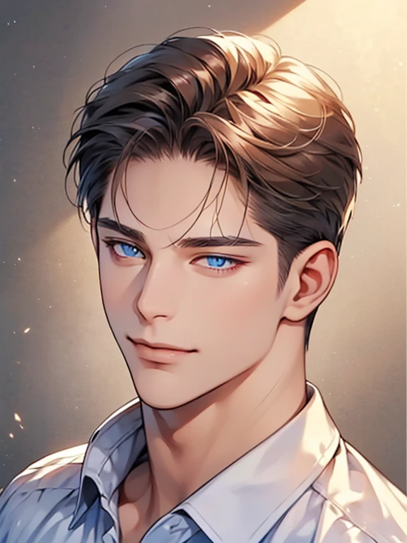 masterpiece, best quality, 1male, brunette hair, blue eyes, glasses, white shirt, mugshot, wall background, detailed eyes, expression smile in lovess, CEO, Officehome background, detailed facial features, realistic and high resolution (best quality, 4k, 8k, highres, masterpiece:1.2)