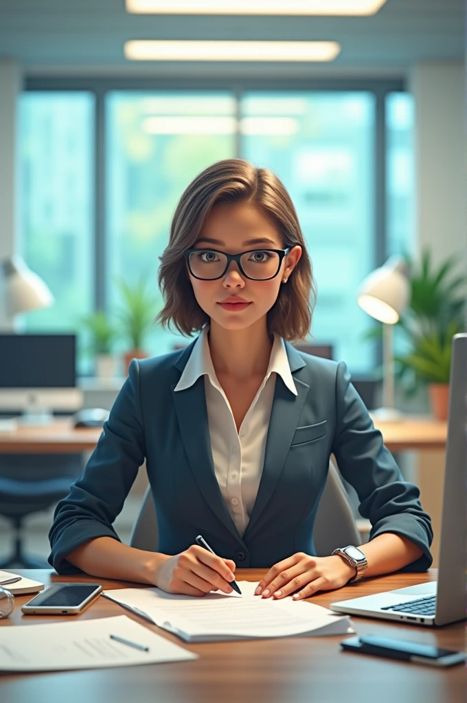 Create a vibrant and dynamic promotional image for a Professional Secretary course. The image should feature a modern office setting with a person organizing documents, using a computer and a smartphone simultaneously. Bright and energetic colors should be used, with elements representing organization, multitasking, and professionalism.