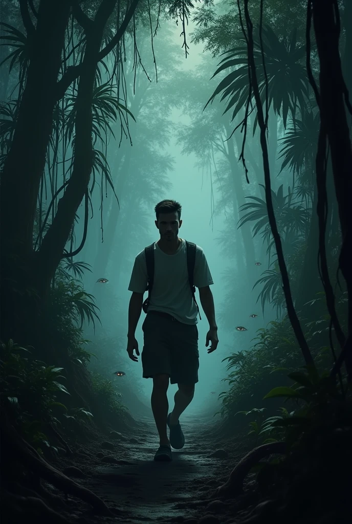 Kofi,30 years old, handsome, with short hair and a fair-skinned man, walks alone into a dense, shadowy jungle. Tall trees with thick vines twist and turn, blocking out much of the sunlight. The mood is tense but adventurous. Kofi’s expression shows determination mixed with slight anxiety. The ground is uneven with roots and small rocks. A path leads deeper into the unknown, hinting at dangers ahead. The jungle is alive with mysterious eyes glowing faintly in the shadows.