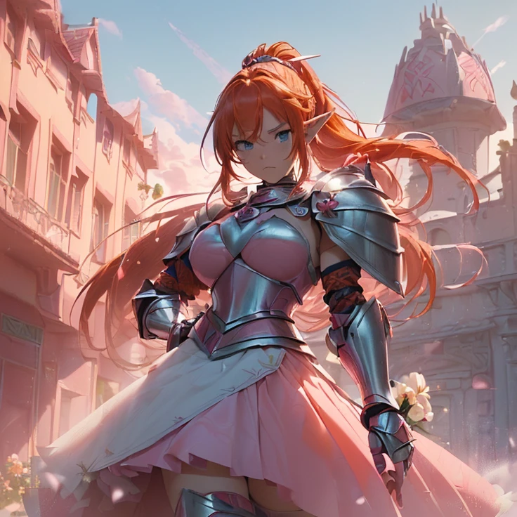 (masterpiece), (best quality), (detailed character and features), (HD), (high resolution), (solo, alone character), (fantasy), (simple background), (anime)
{{(1character:(20 years old(orange-red haired)Elf-Girl(pink-armor-knight)):((reddish-orange hair tied in a left ponytail with two white flowers),(beautiful light-blue eyes),(orange-reddish eyebrows),(serious and imponent),(closed mouth), (white flower at side of hair over the left ponytail),(body full covered and armored in full knight pink armor)),((full Pink knight armor:(pink pink steel full knight cuirass),(pink pink gauntlets),(pink pink steel pink knight skirt),(pink pink steel belly pink armor),(pink shoulder pink armor pink plates),(pink steel pink armor pink long pink boots),(pink steel pink armor pink knee-plates),(pink steel pink elbow pink plates),(silver tiara up her head around the hair)),((holding with her left hand a long steel silver spear)),((Background:(viking styled city street),(sunny morning),((yellow, white, red, blue, green, stone viking houses) around the streets)))}}