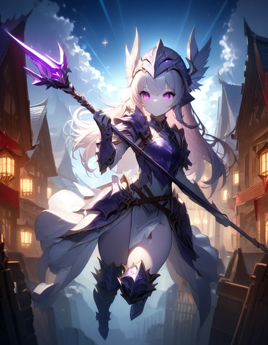 (One Woman),(Best image quality, 32K, masterpiece:1.3),((Silver long hair:1.1)),(Swept-apart bangs,Braiding), (Cute eyes, Dark Eyes), (Detailed eyes),(Mole under right eye), (Standard weight), (Glowing Skin:1.1),(Pale skin:1.2),(A fantastic atmosphere),(look up),Ultra-high resolution, Textured skin, Sparkle Effect, Full body Final Fantasy,female dragon knight,Violet plate armor,Blue-purple dragon helmet,

blue sky,cloud,jumping in the sky,jump,Jump high into the sky,

大gunを両手で持っている,大gun,gun,