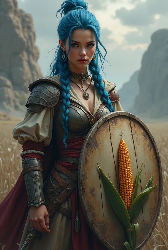 A young lady with braids and blue hair with a shield and a corncob drawing next to it ready for battle