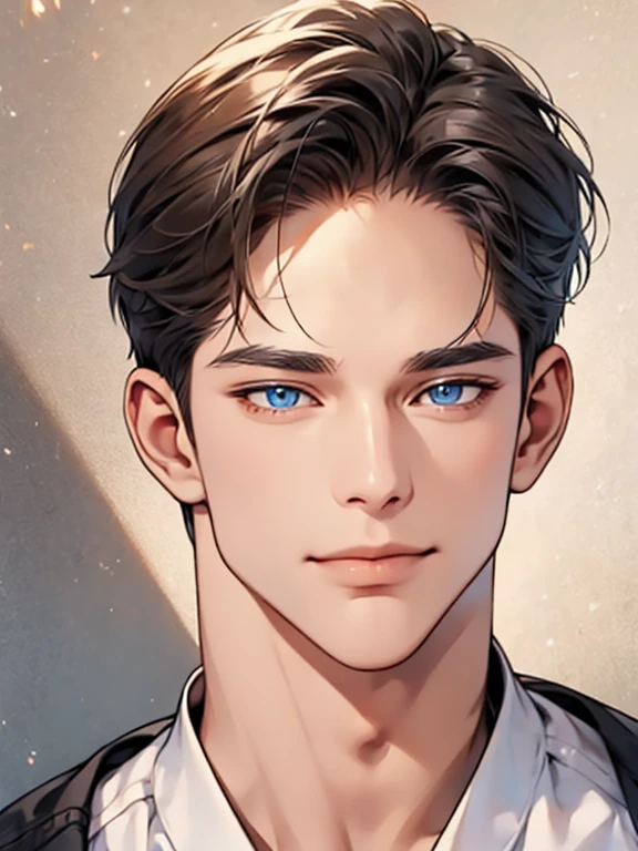 masterpiece, best quality, 1male, brunette hair, blue eyes, glasses, white shirt, mugshot, wall background, detailed eyes, expression smile in lovess, CEO, Officehome background, detailed facial features, realistic and high resolution (best quality, 4k, 8k, highres, masterpiece:1.2)