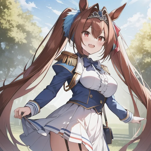 masterpiece, best quality, highres, 1girl, daiwa scarlet (umamusume), horse ears, long hair, twintails, tiara, horse tail, very long hair, brown hair, epaulettes, garter straps, long sleeves, large breasts, fang, red eyes, bowtie, bangs, puffy sleeves, blue jacket, white thighhighs, center frills, white shirt, hair between eyes, white skirt, blue skirt, hair bow, standing, field, outdoors, smile, from side,