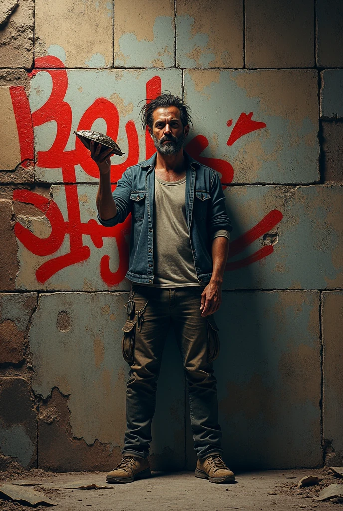 Edgar from the game Bravo Stars stands against the backdrop of a decrepit brick wall, in his hand he has a shell with paint and on the wall is written the name Edgard written in graffiti style