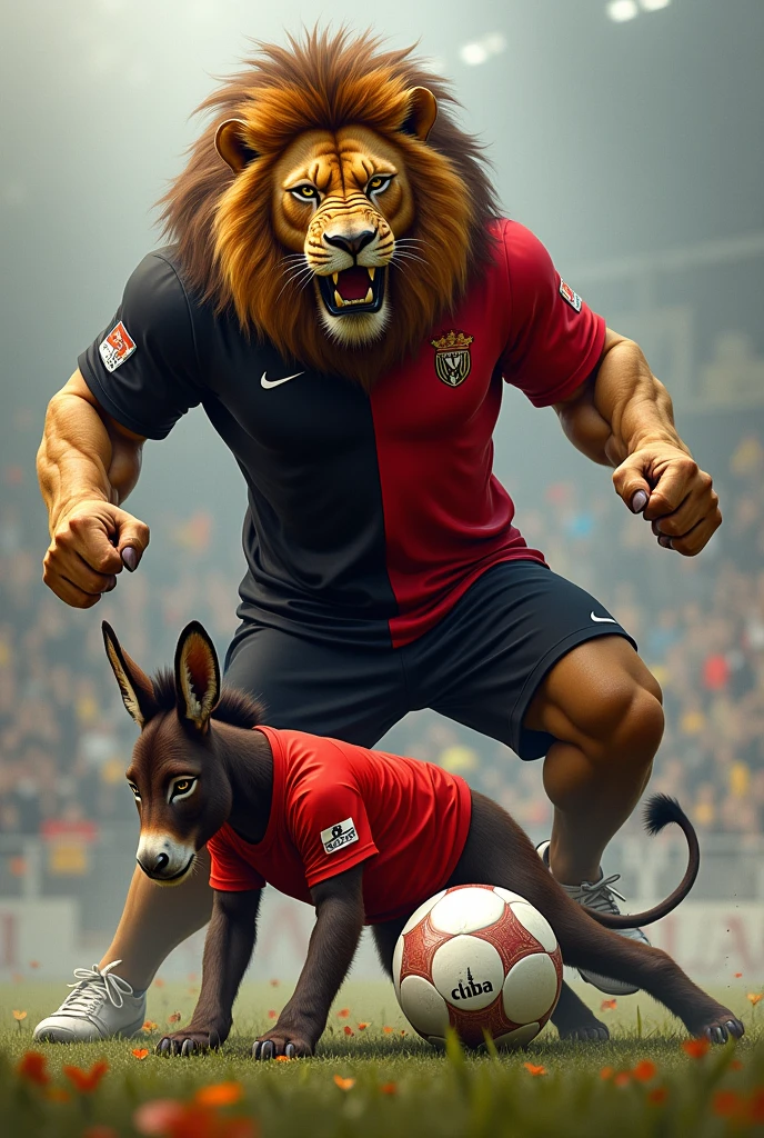 A lion wearing a black and red soccer jersey split in half vertically. The lion stomping on a donkey wearing a red jersey.