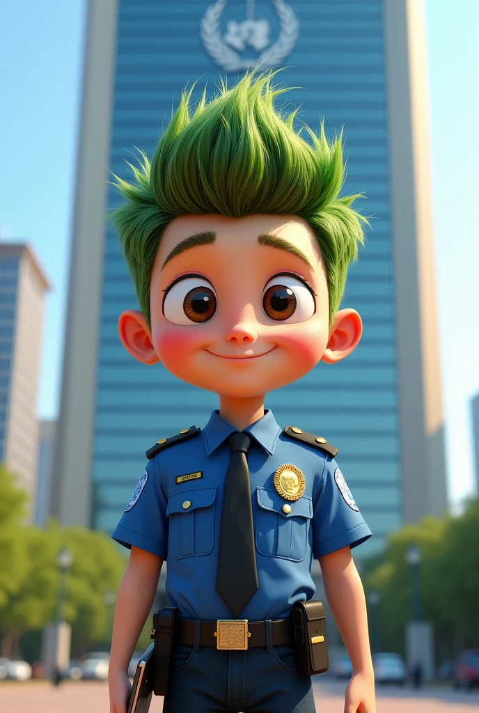 create a pixar style image of a white skinned man with pine branch hair, Short man in police clothes with a phone in his hand and standing at the headquarters of the United Nations where the UN is written 