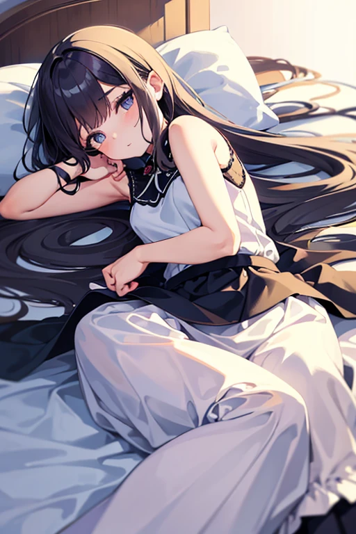 cute, girl wearing an exquisite sleeveless shirt and long skirt, lying face down on the big white bed, eyes colored like jewels, looking ahead at viewer