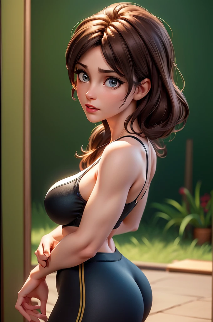 a 30 years old woman with beautiful detailed eyes, beautiful detailed lips, extremely detailed eyes and face, long eyelashes, brown hair, fit toned body, big breasts, wide curvy hips, big ass, sports bra and spandex shorts, disney, pixar, digital painting, realistic, photorealistic, high quality, (best quality,4k,8k,highres,masterpiece:1.2),ultra-detailed,(realistic,photorealistic,photo-realistic:1.37),HDR,UHD,studio lighting,ultra-fine painting,sharp focus,physically-based rendering,extreme detail description,professional,vivid colors,bokeh, side view, front shot, full body, 