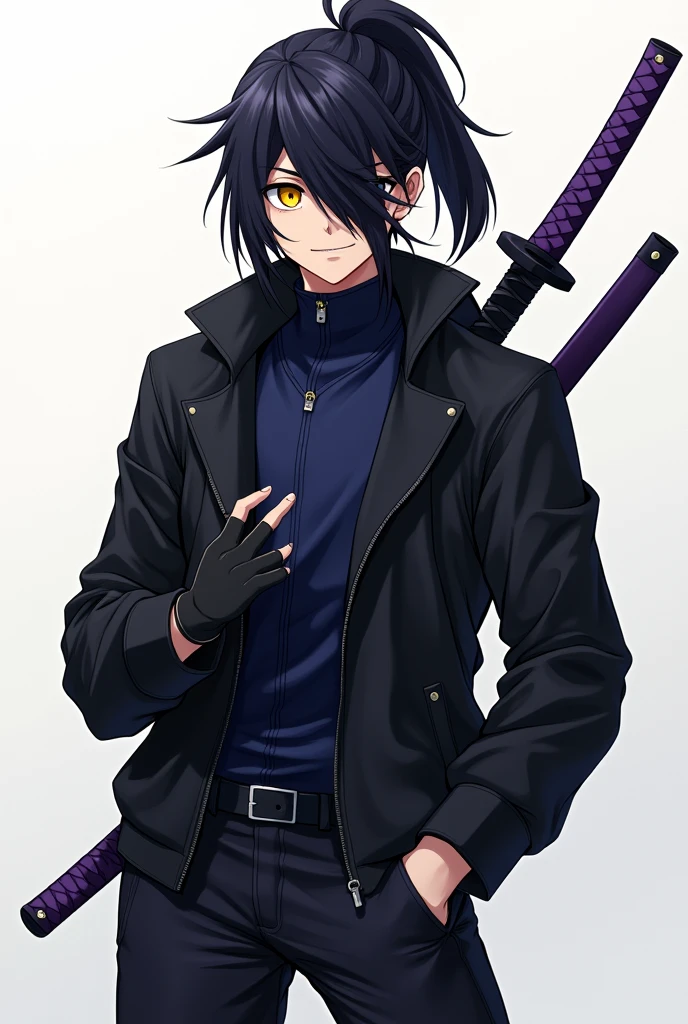 Create a male anime-style character with black hair covering his left eye a little, a big ponytail, big yellow eyes, Men's black windbreaker jacket with dark blue shirt, black gloves, black pants with men's black boots, with a purple-handled katana on his back.