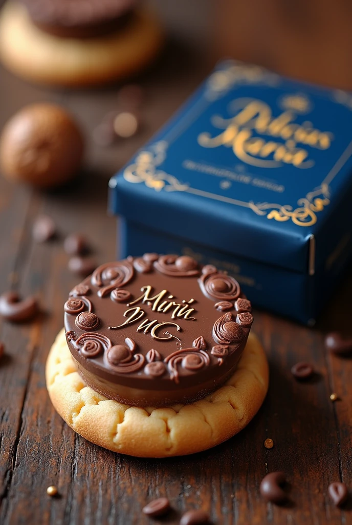 A thin round cookie on top has a layer of chocolate with relief and circular drawings. The chocolate has drawings and some letters that say María Puig.; Next to the cookie there is a closed square package in royal blue with gold. The package says in gold letters Delicias María.
