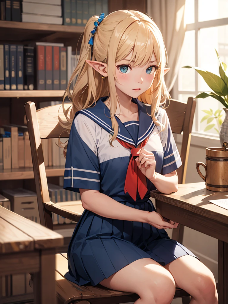 ((Highest quality)), ((masterpiece)), (detailed), School Principal's Office、Elf Girl、Sailor suit、Sitting in a chair、Bad mood、Her mother is making excuses.