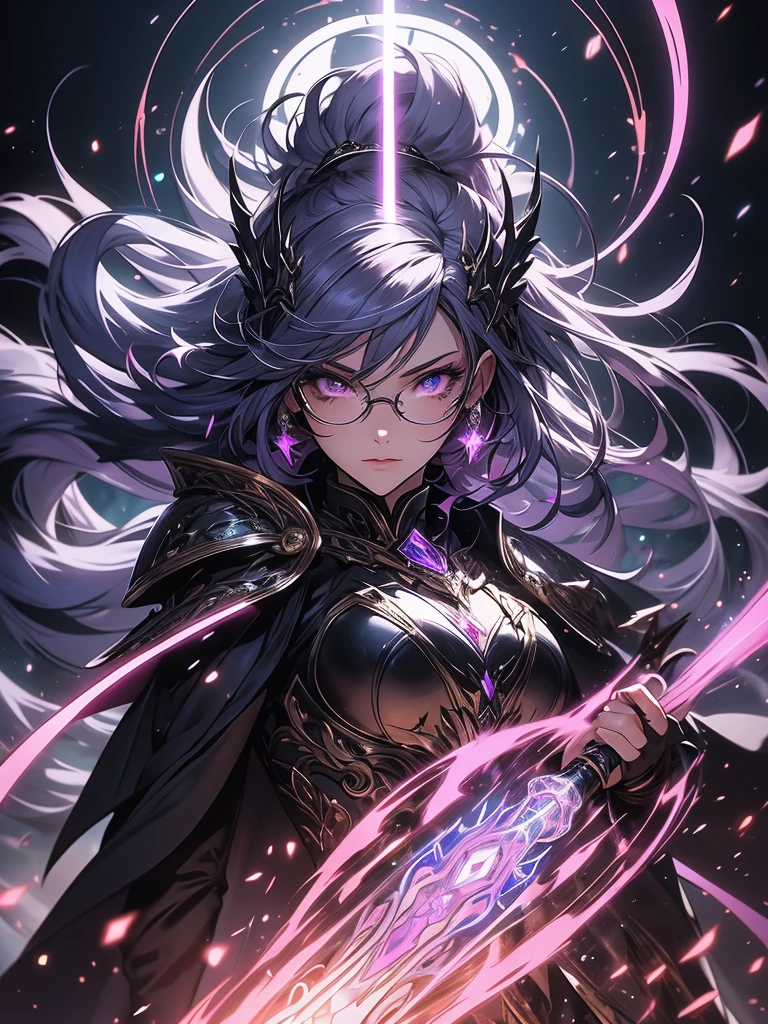((masterpiece)), ((an extremely delicate and beautiful)), (best quality), (ultra-detailed), (best illustration), (best illumination), photorealistic, 1boy, solo, long hair, lilac hair, wearing glasses, lilac eyes, black sclera, black armor, lilac armor, multicolored armor, hammer hero, crazy, metal halo behind, dark aura, obsession, glowing pupils, full body, floating in air, ruins scenery, dark sky, maniac. 