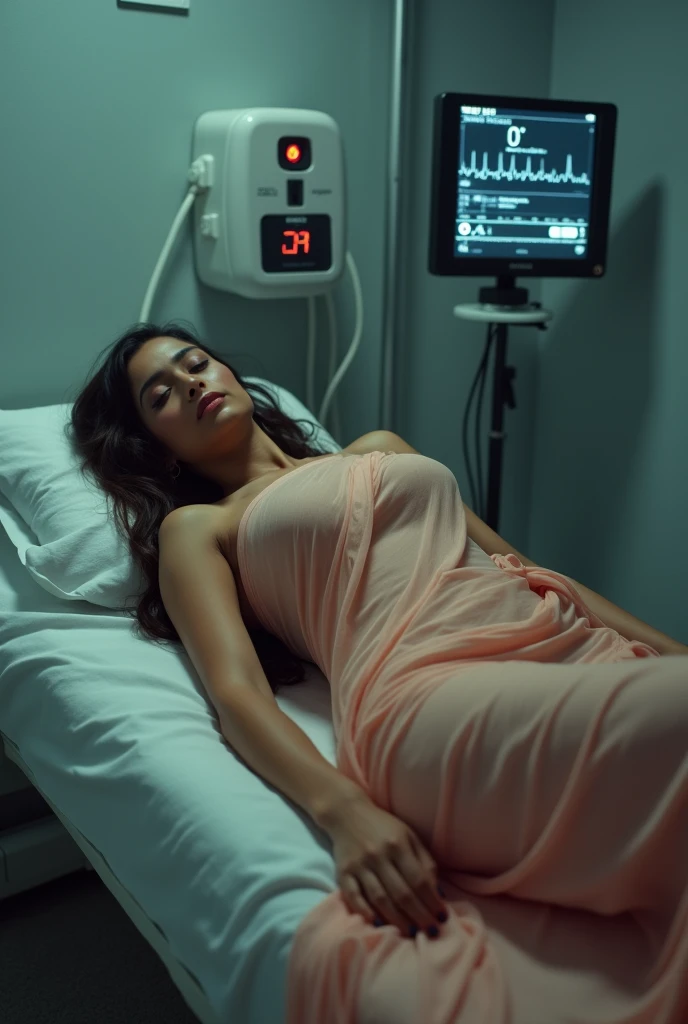 Akshra in saree exposing navel layed on examination bed an conected with ecg machin