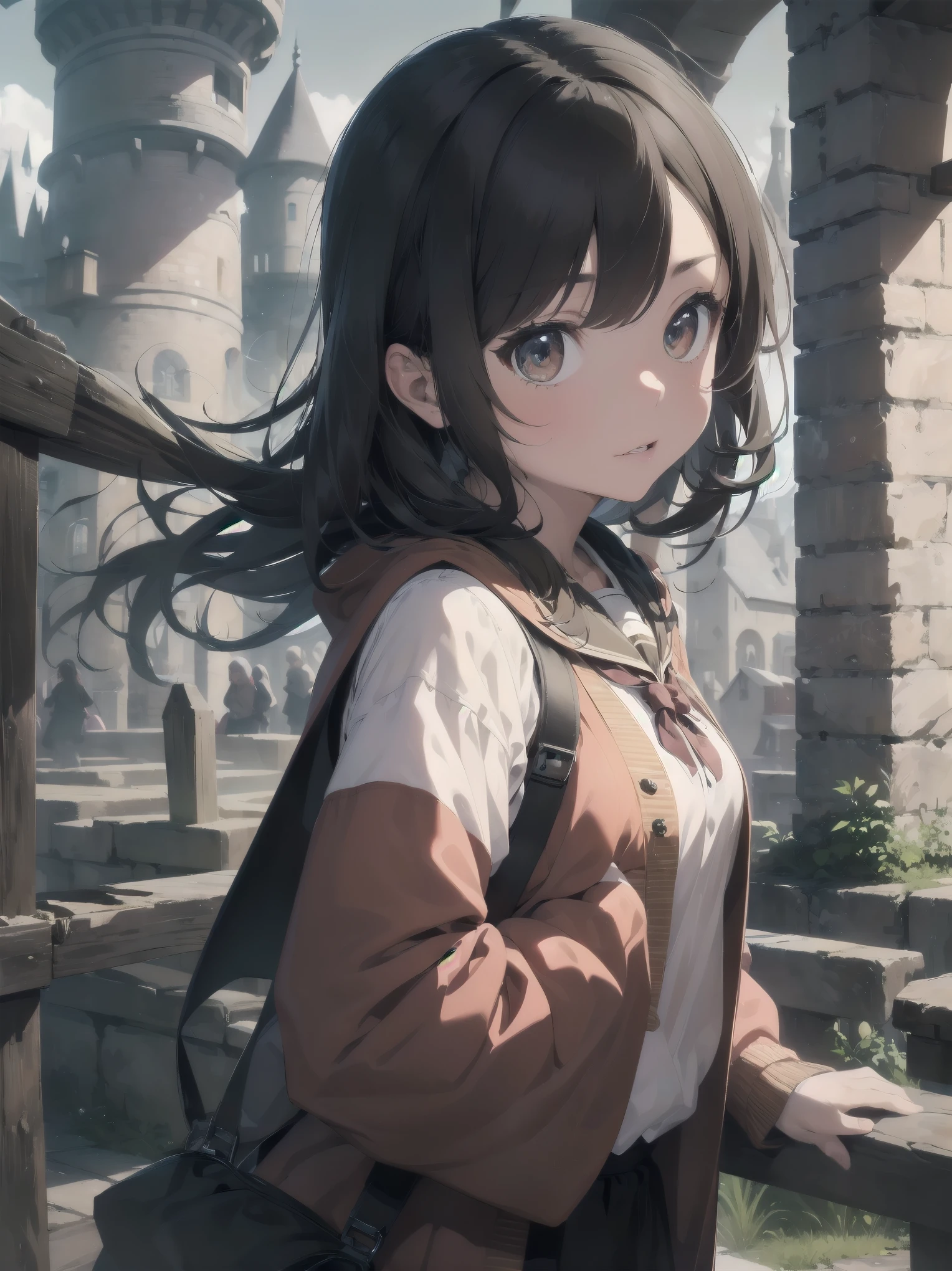Masterpiece, Top Quality, Absurd, High Resolution, Subject Seismic, Animation Style Illustration with Mock Pause, 1 Girl, Solo, Cute random hairstyle, beautiful random expression and face, random age, slender, random clothing for situation,wizard robes, wand, magical castle, owl, spell book, (Hogwarts: 1.2), magic, wonder, (Harry Potter inspired: 1.3), mysterious atmosphere, details