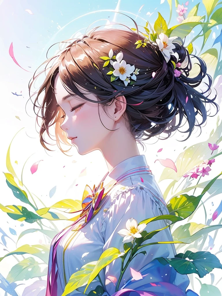 (masterpiece、Highest quality、Highest quality、Beautiful and beautiful:1.2)、Excellent anatomy、(Watercolor painting 1.5)、Long Shot、straight short hair images、Trendy Hair Color, Beautiful Face、Beautiful profile, Bow down and be quiet, I close my eyes and pray, Fairy, 蝶のFairyのコスチューム、Pure white、Pure、charm, Colorful flowers of different colors, Flower and leaf wind、Botanical Art,