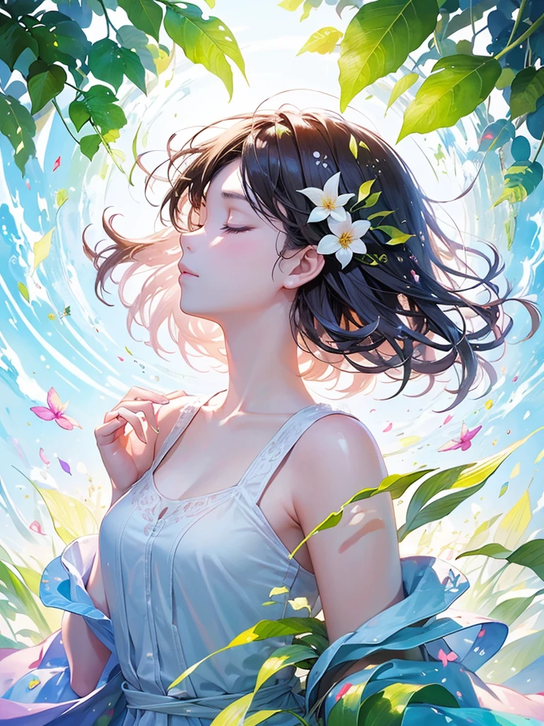 (masterpiece、Highest quality、Highest quality、Beautiful and beautiful:1.2)、Excellent anatomy、(Watercolor painting 1.5)、Long Shot、straight short hair images、Trendy Hair Color, Beautiful Face、Beautiful profile, Bow down and be quiet, I close my eyes and pray, Fairy, 蝶のFairyのコスチューム、Pure white、Pure、charm, Colorful flowers of different colors, Flower and leaf wind、Botanical Art,