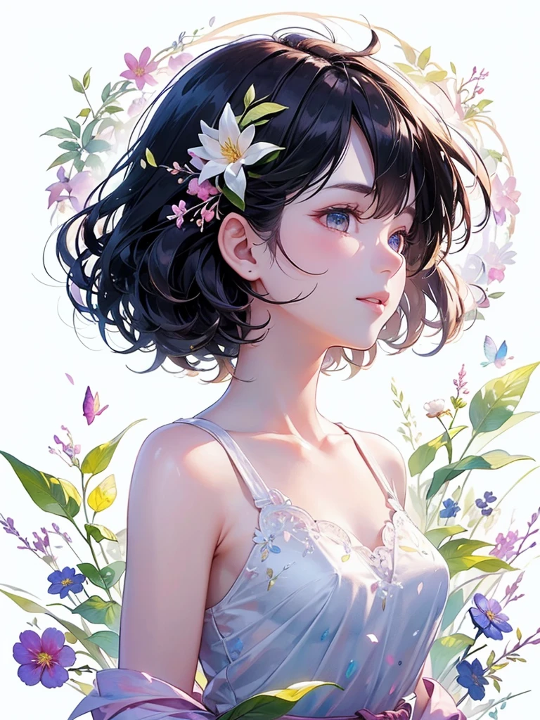 (masterpiece、Highest quality、Highest quality、Beautiful and beautiful:1.2)、Excellent anatomy、（Watercolor painting 1.5）、Long Shot、straight short hair images、Trendy Hair Color, Beautiful Face、Beautiful profile, Bow down and be quiet, I close my eyes and pray, Fairy, 蝶のFairyのコスチューム、Pure white、Pure、charm, Colorful flowers of different colors, Flower and leaf wind、Botanical Art,