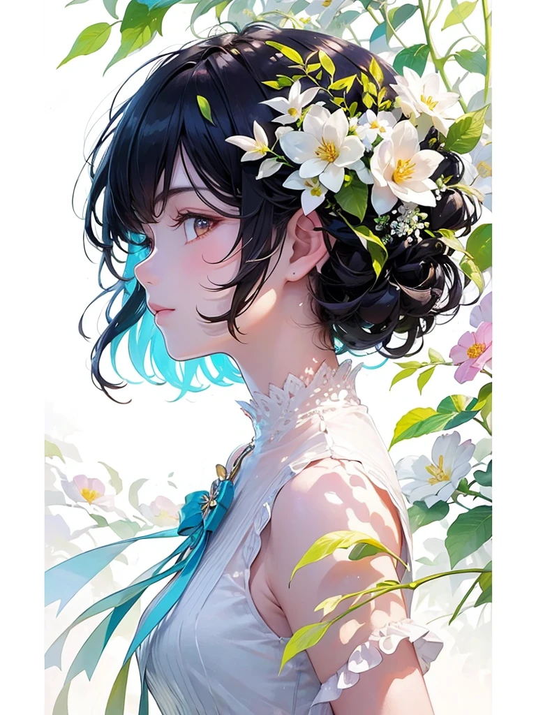 (masterpiece、Highest quality、Highest quality、Beautiful and beautiful:1.2)、Excellent ???????、(Watercolor painting 1.5)、Long Shot、straight short hair images、Trendy Hair Color, Beautiful Face、Beautiful profile, Bow down and be quiet, I close my eyes and pray, Fairy, 蝶のFairyのコスチューム、Pure white、Pure、charm, Colorful flowers of different colors, Flower and leaf wind、Botanical Art,