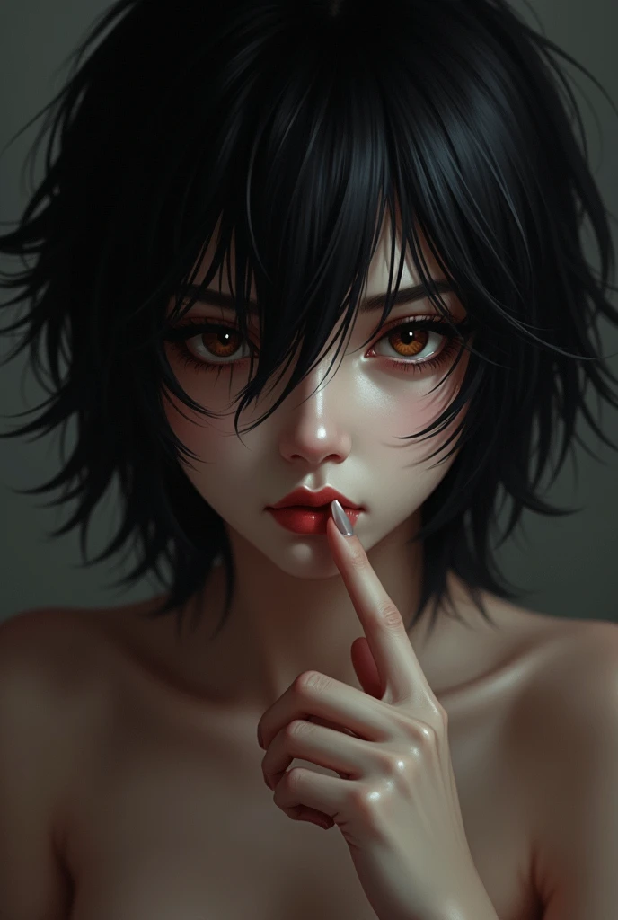 4 medium black hair semi naked brown eyes and half light half dark skin he has his finger in his mouth and his eyes are in the way