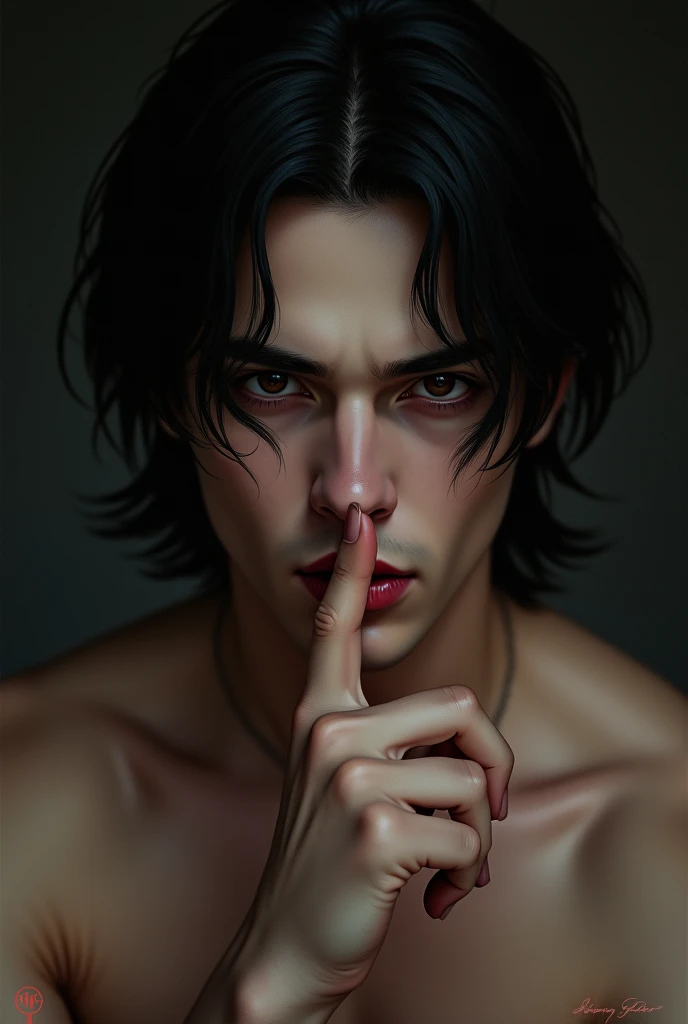  4 medium black hair semi naked brown eyes and half light half dark skin he has his finger in his mouth and his eyes are in the way 